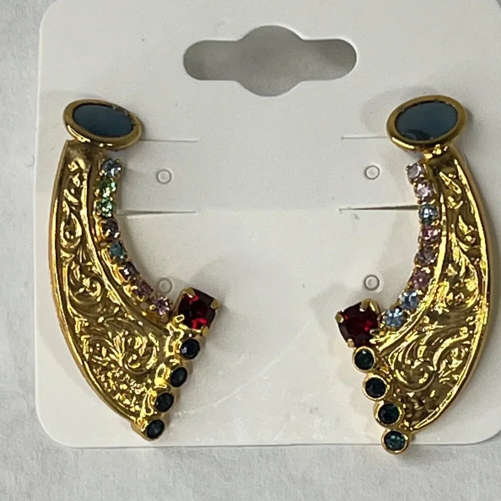 Gold Tone Statement Earrings W/ Multicolor Gemstones & Intricate Design
